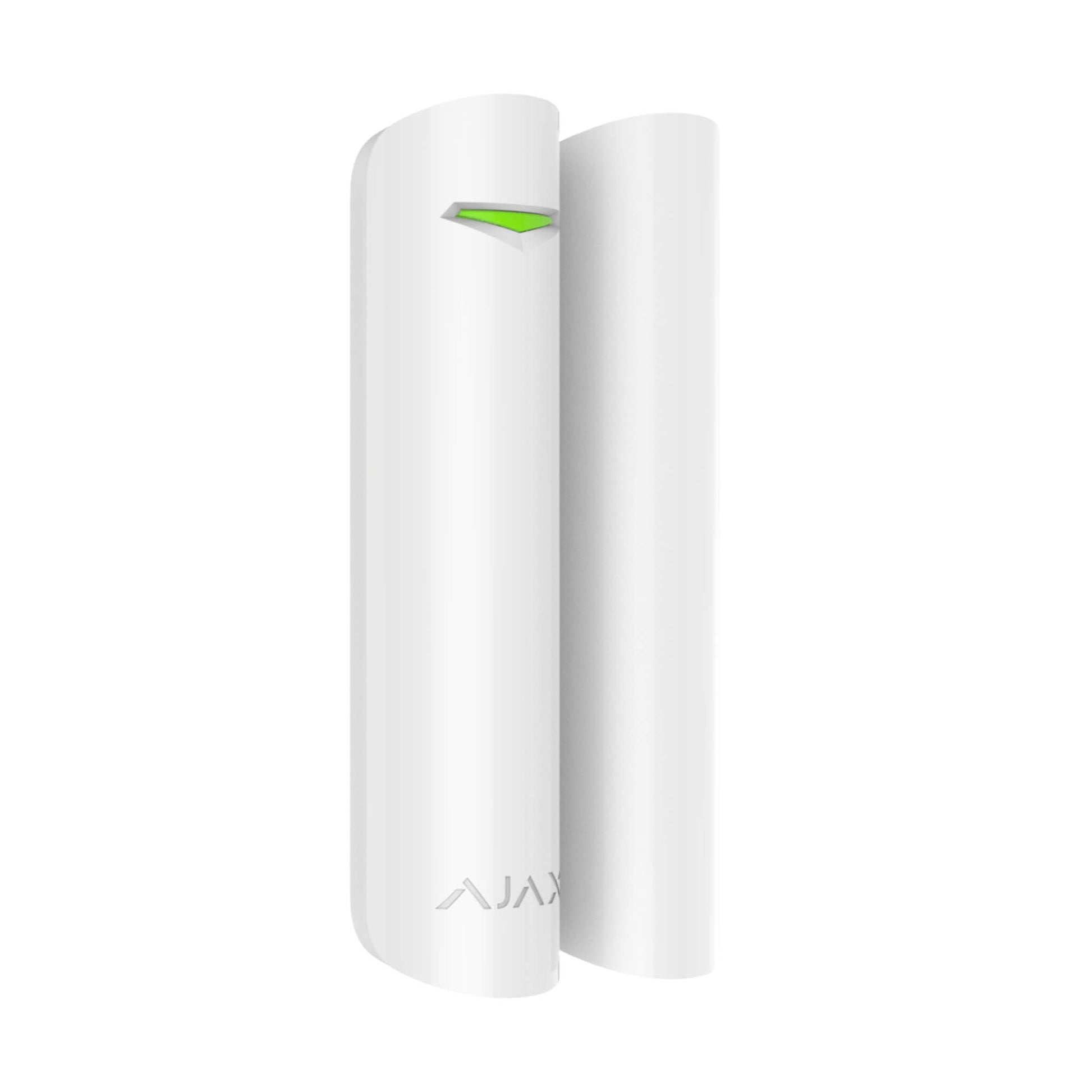 White Ajax MotionProtect wireless door alarm sensor, used to detect opening doors. Turned left view